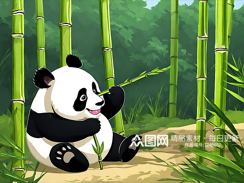AI数字艺术卡通风正在吃竹子的熊猫素材