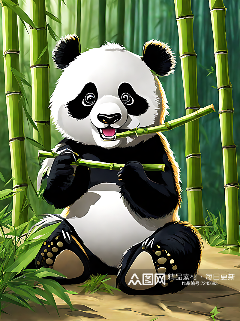 AI数字艺术卡通风格正在吃竹子的熊猫素材