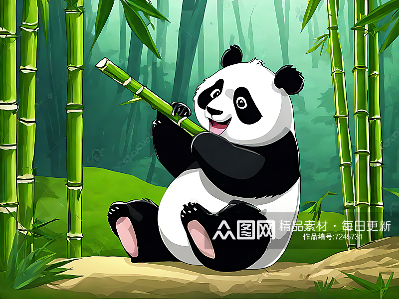 卡通风正在吃竹子的熊猫AI数字艺术素材