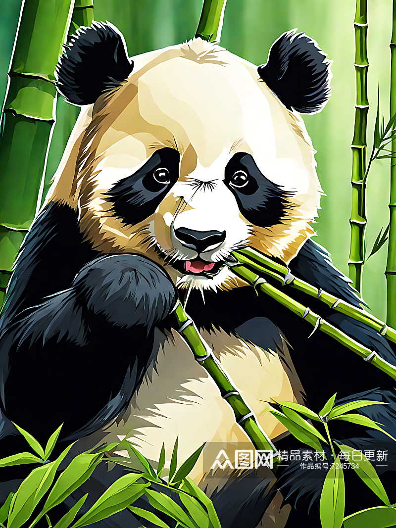 卡通风正在吃竹子的熊猫AI数字艺术素材