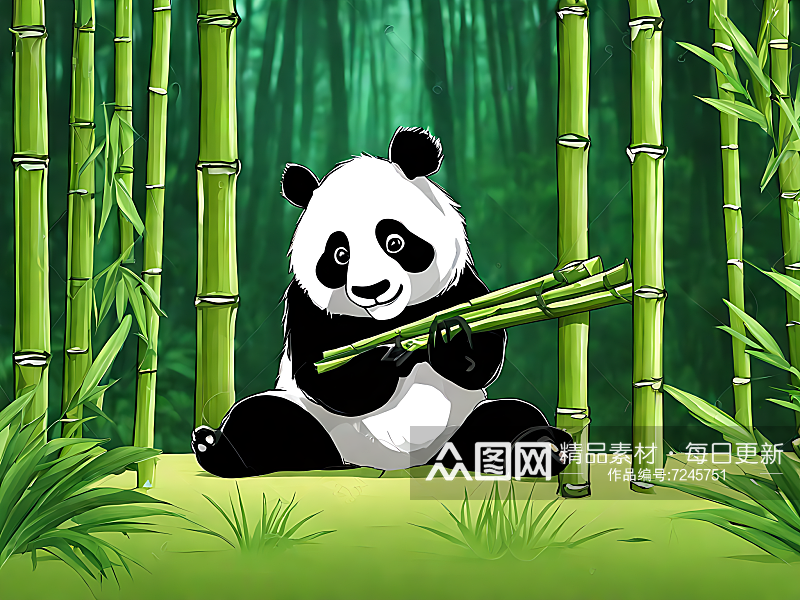 卡通风格正在吃竹子的熊猫AI数字艺术素材