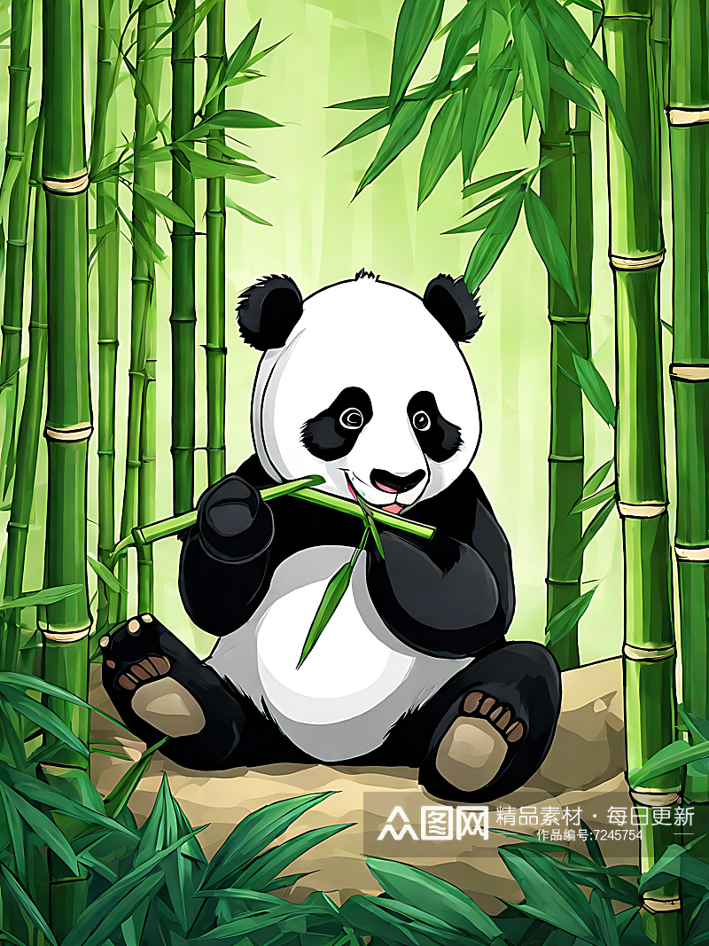 卡通风格正在吃竹子的熊猫AI数字艺术素材