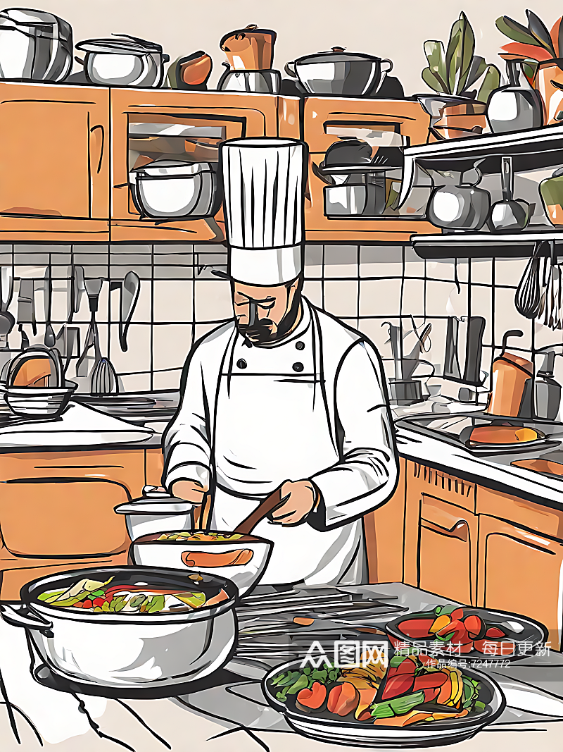 手绘扁平厨师在厨房烹饪场景AI数字艺术素材