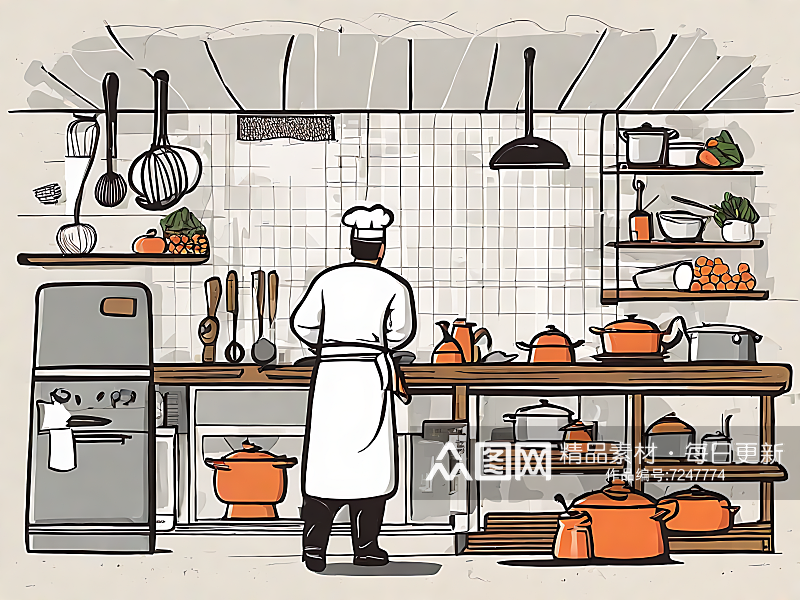 手绘扁平厨师在厨房烹饪场景AI数字艺术素材