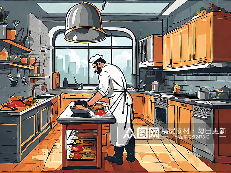 AI数字艺术手绘扁平厨师在厨房烹饪场景素材