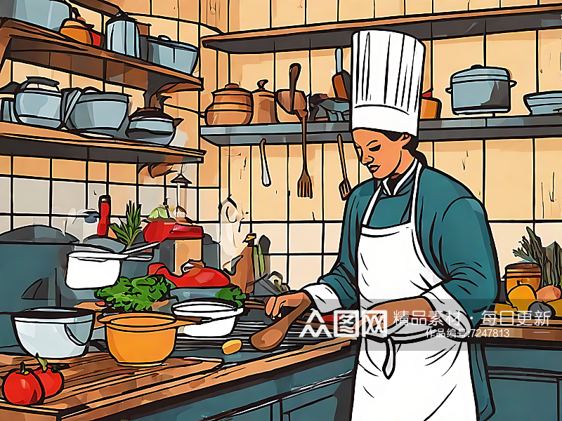 AI数字艺术手绘扁平厨师在厨房烹饪场景素材