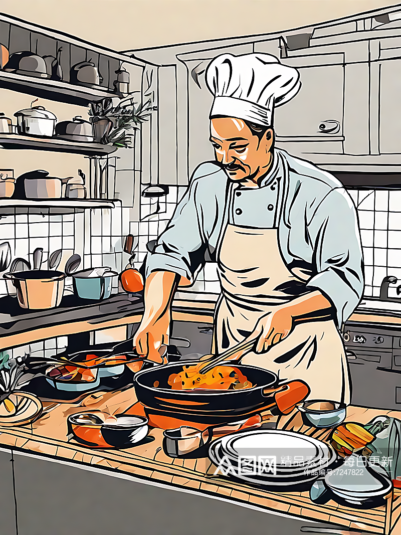 AI数字艺术手绘扁平厨师在厨房烹饪插图素材