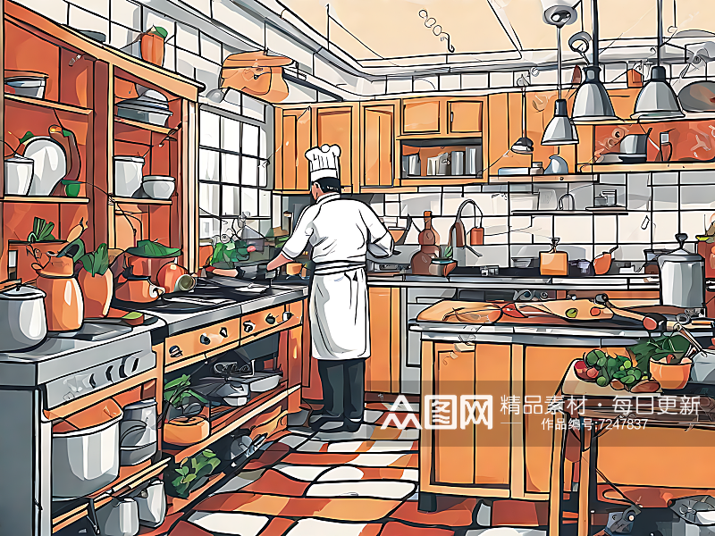 AI数字艺术手绘扁平厨师在厨房烹饪插图素材