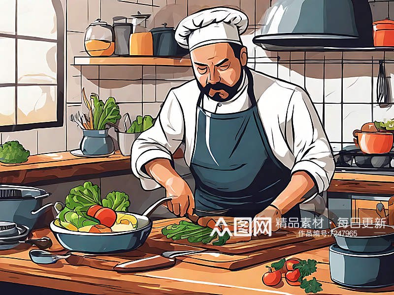 扁平手绘风厨师在厨房烹饪插图AI数字艺术素材