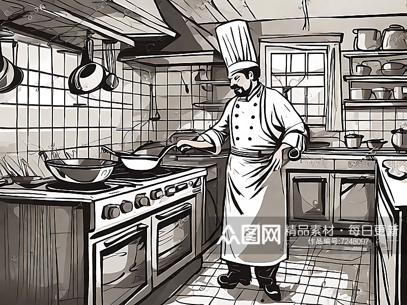 AI数字艺术扁平手绘厨师在厨房烹饪插画素材