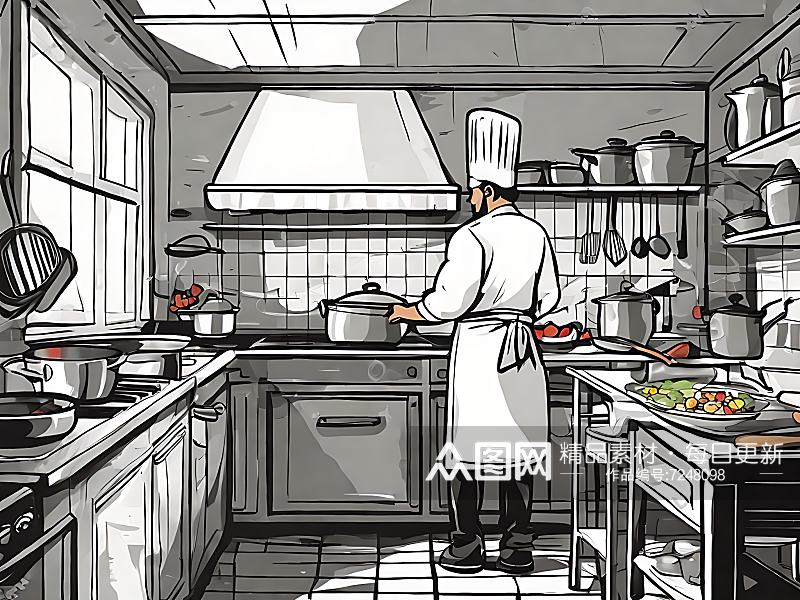 AI数字艺术扁平手绘厨师在厨房烹饪插画素材