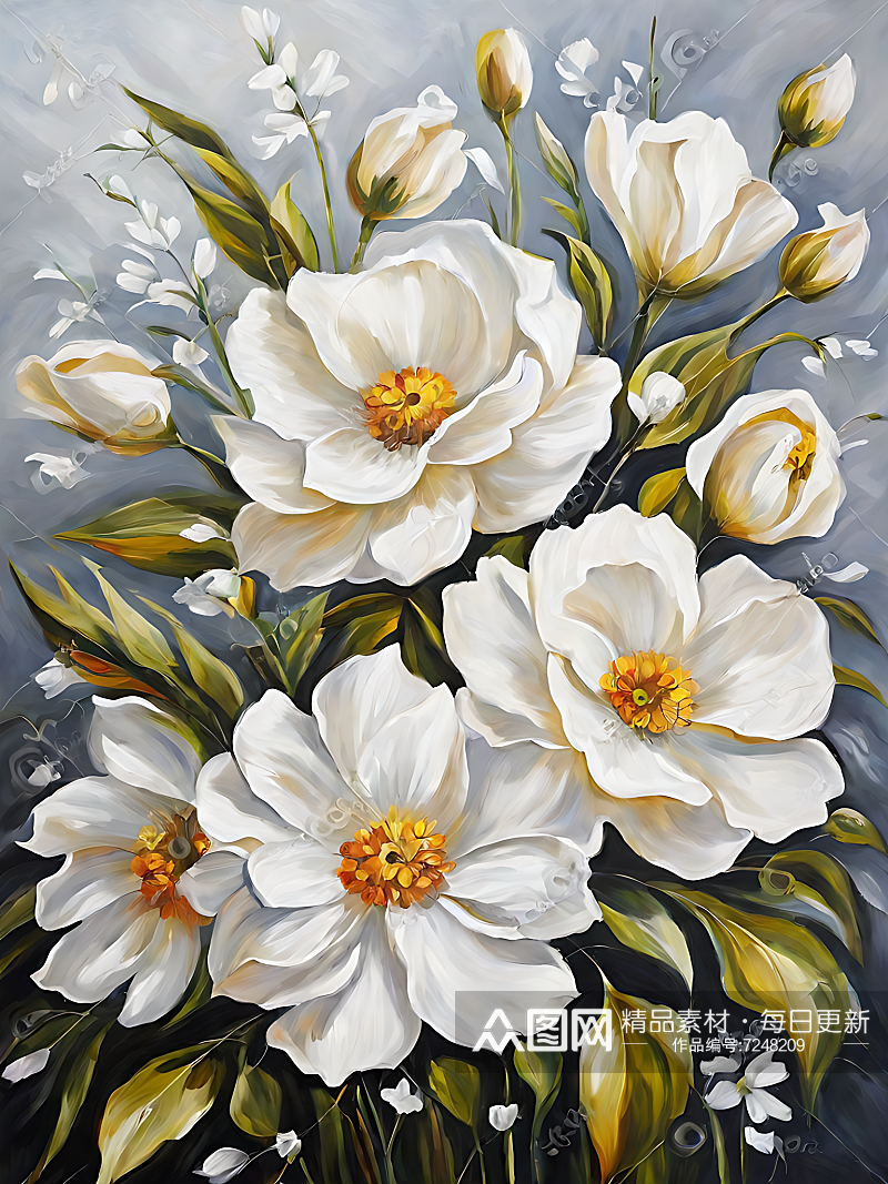 纯洁白色花卉油画AI数字艺术素材