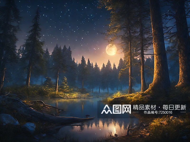 AI数字艺术写实风格森林夜景素材