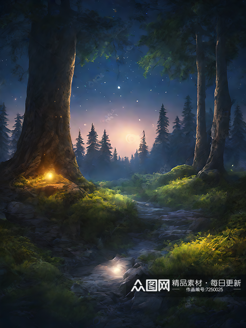 AI数字艺术写实风格森林夜景素材