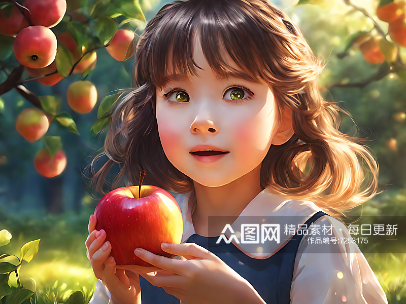 动漫风格手拿苹果的女孩AI数字艺术素材