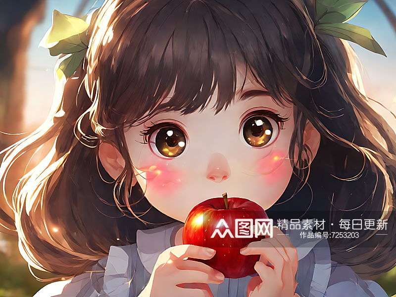 动漫风手拿苹果的女孩AI数字艺术素材