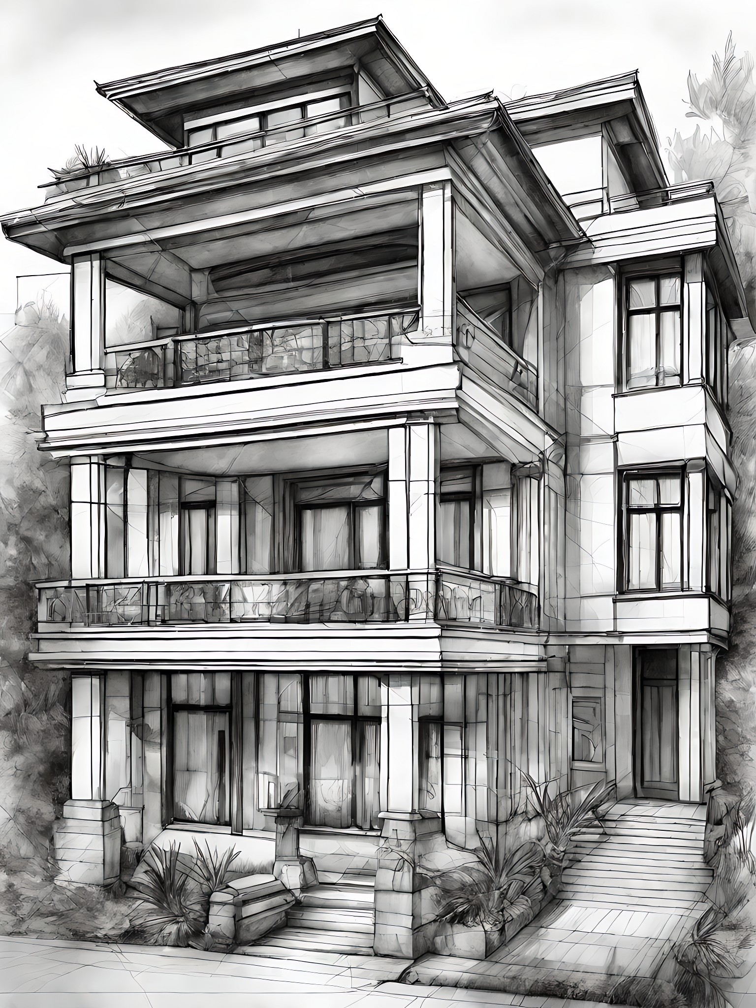 多层别墅建筑素描AI数字艺术铅笔画素材