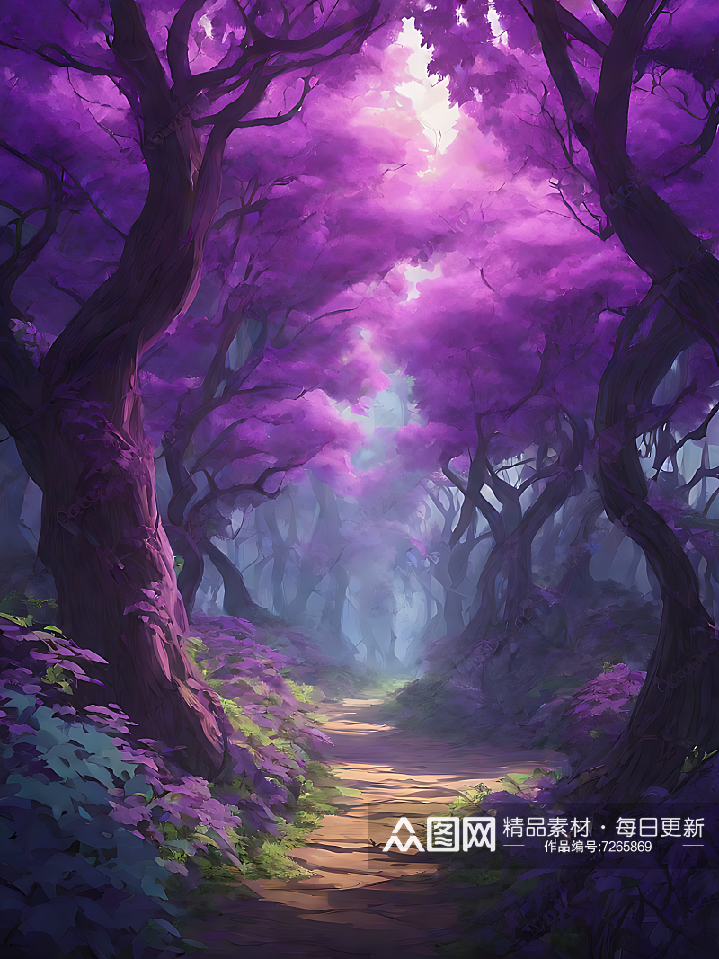 动漫风森林里紫色藤蔓大树AI数字艺术素材