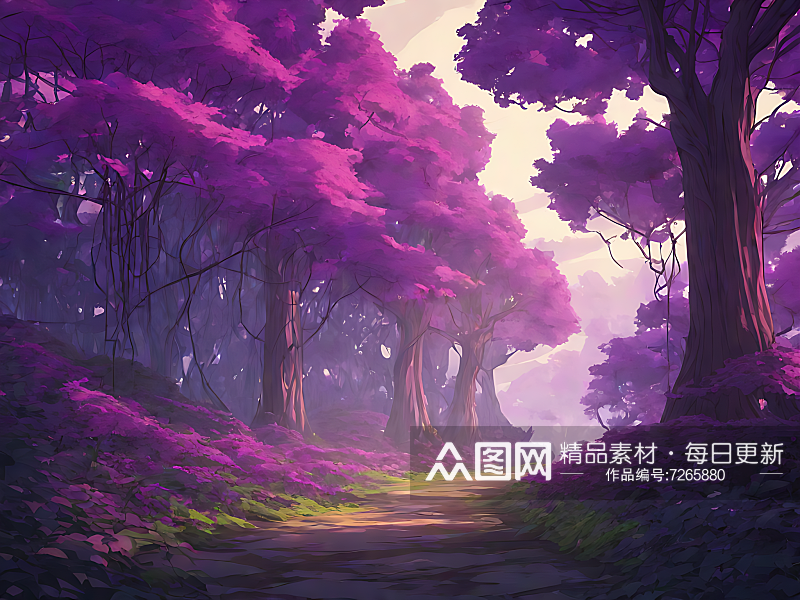 动漫风森林里紫色藤蔓大树AI数字艺术素材