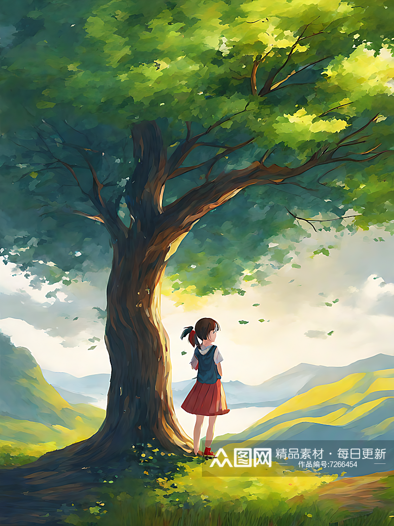 动漫风女孩与大树风景画AI数字艺术素材