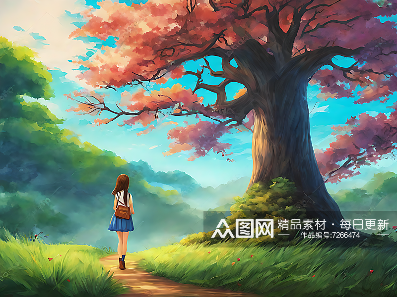 动漫风格女孩与大树风景画AI数字艺术素材