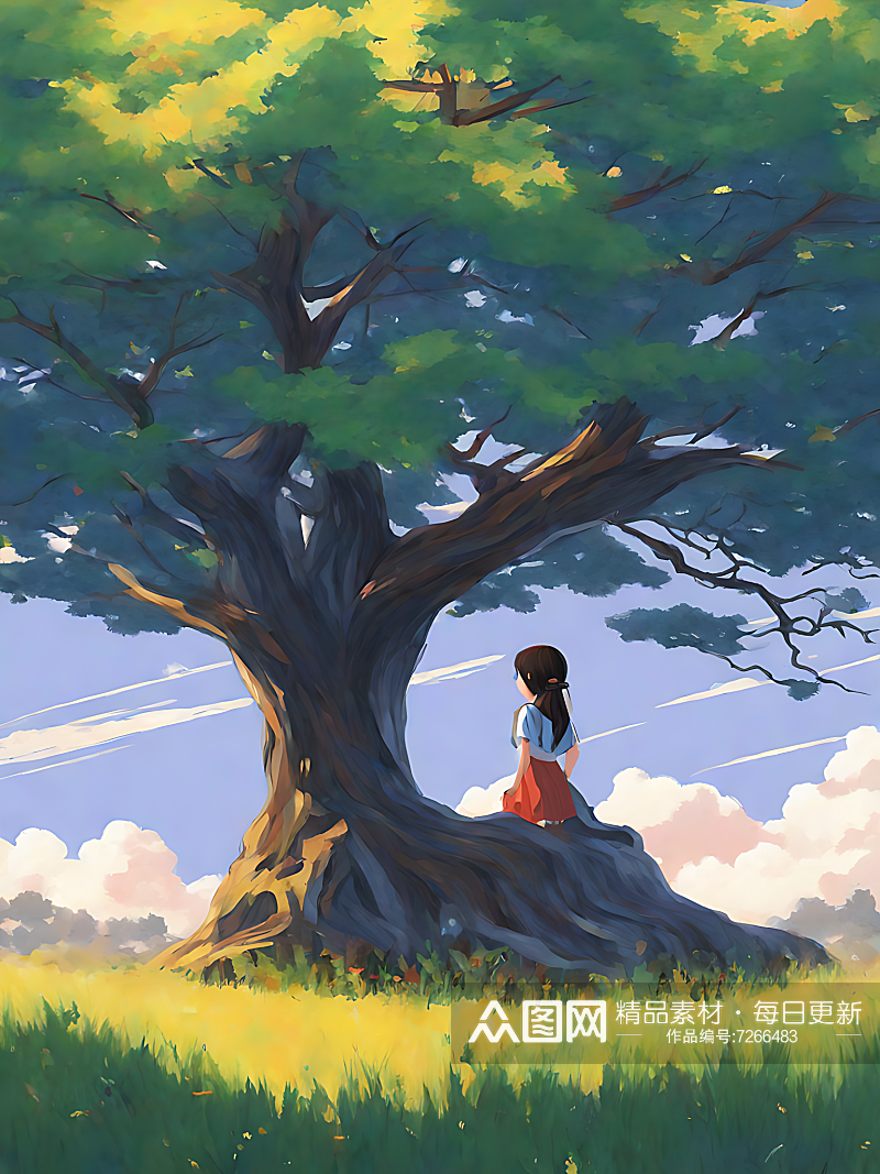 动漫风格女孩与大树风景画AI数字艺术素材