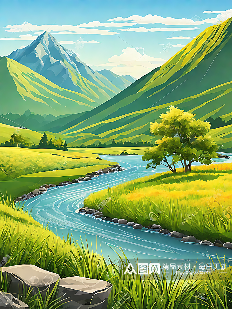 绿色卡通草原河流山脉插画AI数字艺术素材