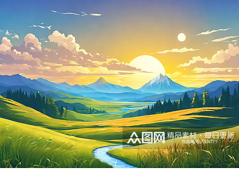 AI数字艺术绿色卡通草原河流山脉插画素材