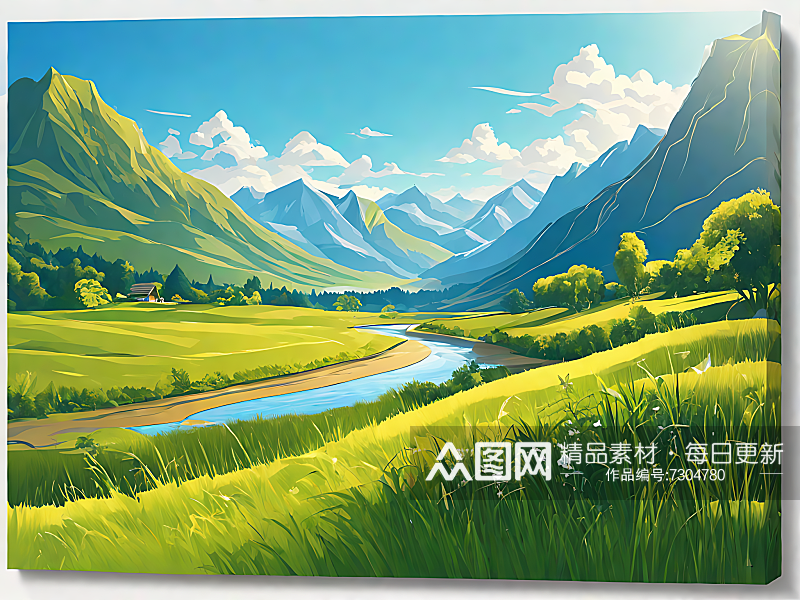 AI数字艺术绿色卡通草原河流山脉插画素材