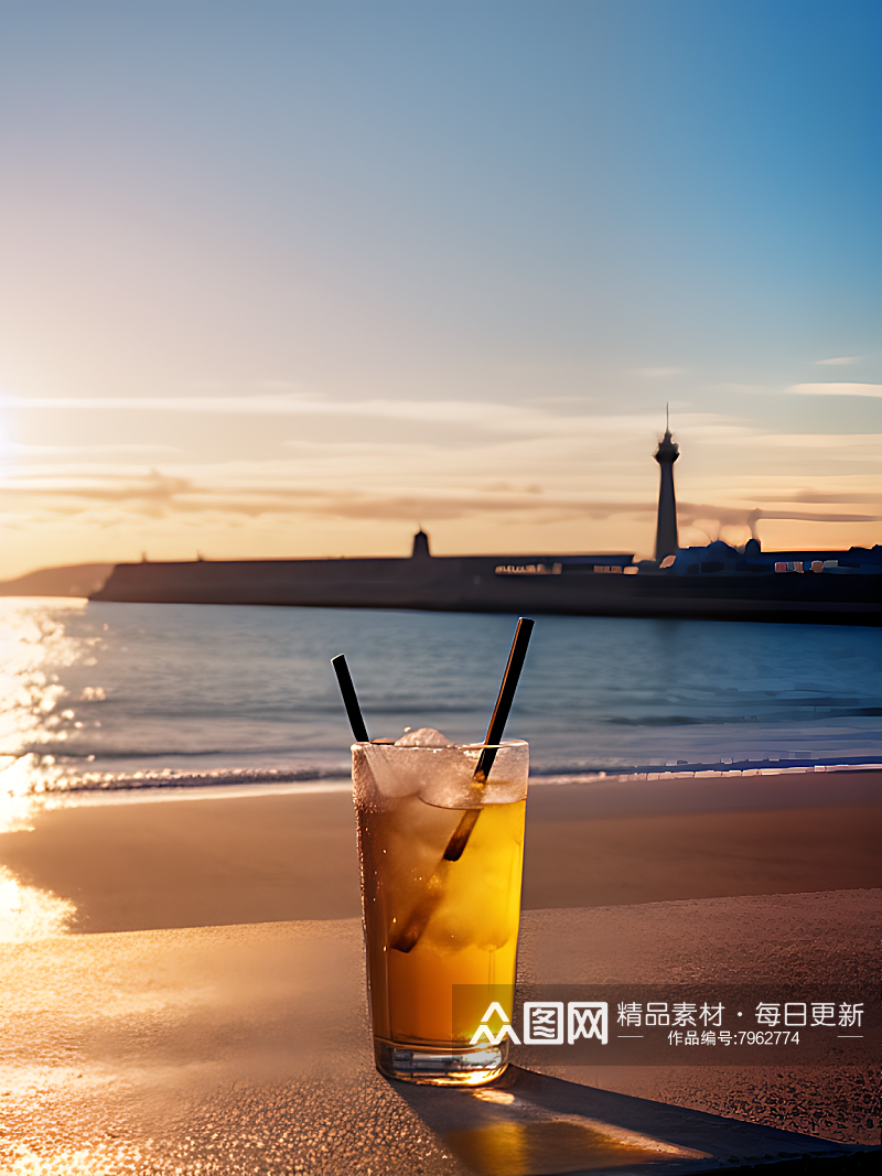 AI数字艺术摄影风海边夕阳下的饮料素材