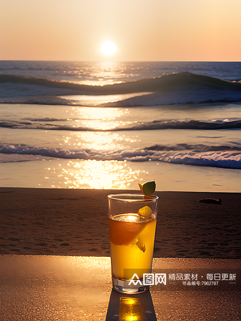 摄影风海边夕阳下的饮料AI数字艺术素材