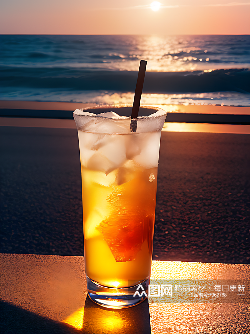 摄影风海边夕阳下的饮料AI数字艺术素材