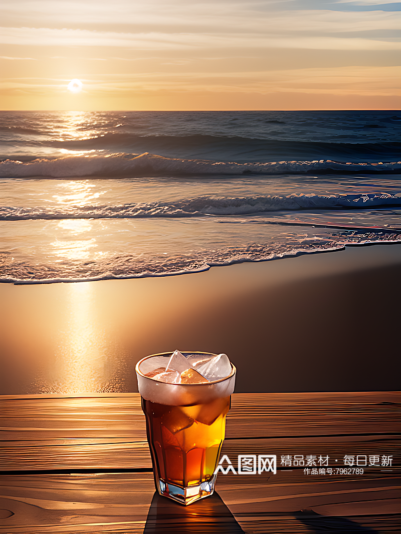 摄影风海边夕阳下的饮料AI数字艺术素材