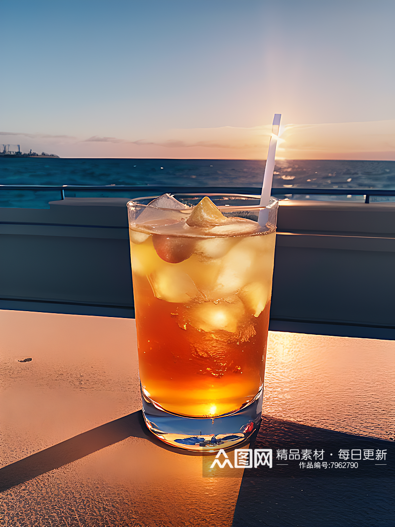 摄影风海边夕阳下的饮料AI数字艺术素材