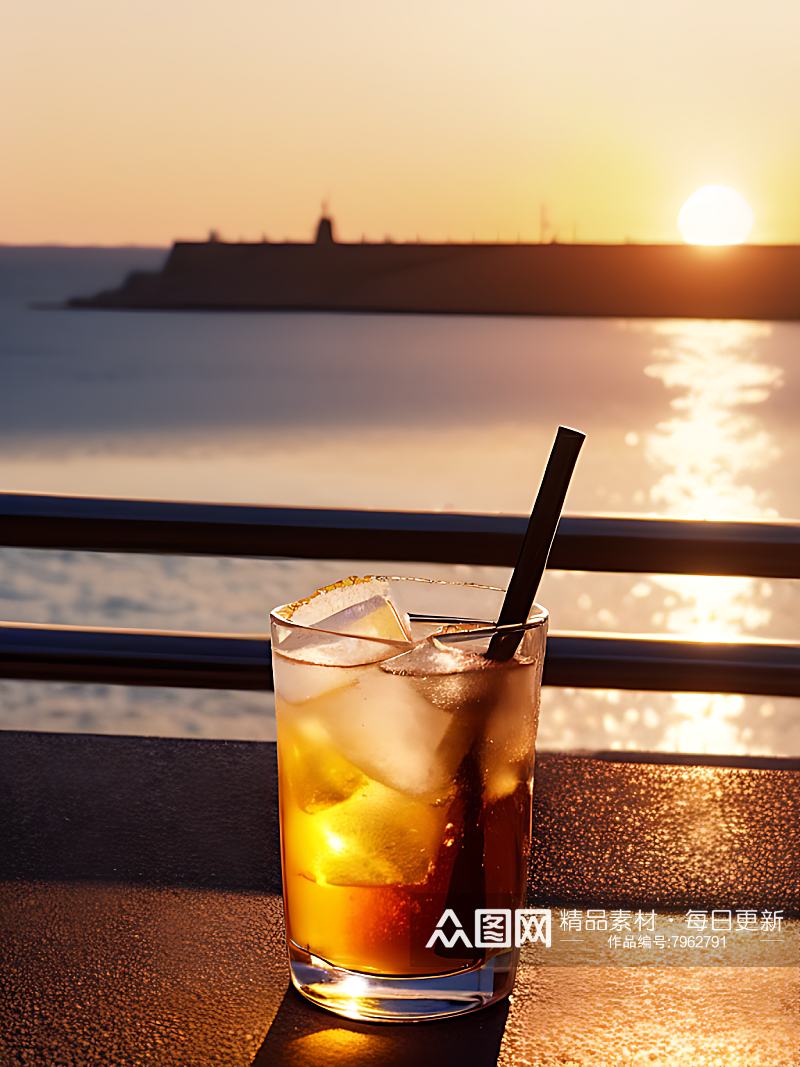 摄影风海边夕阳下的饮料AI数字艺术素材