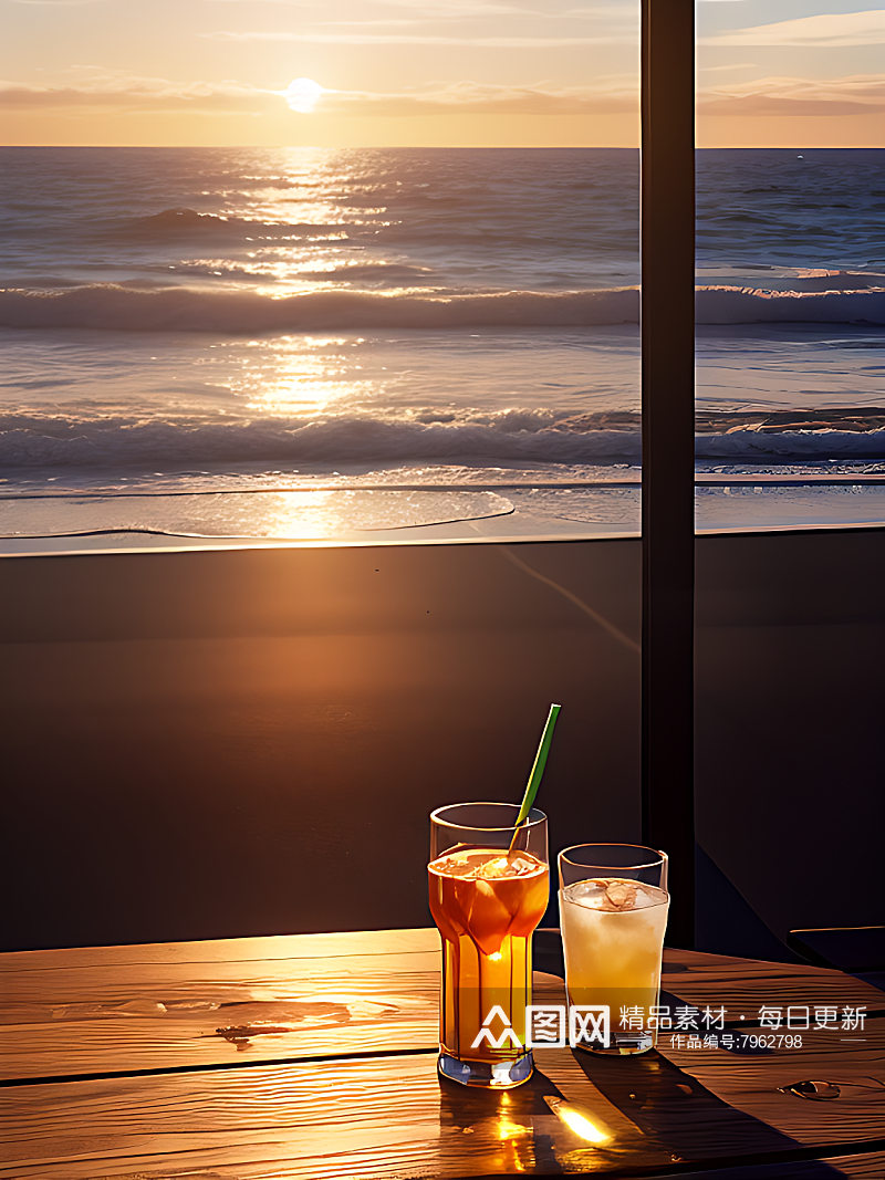 AI数字艺术摄影风海边夕阳下的饮料素材