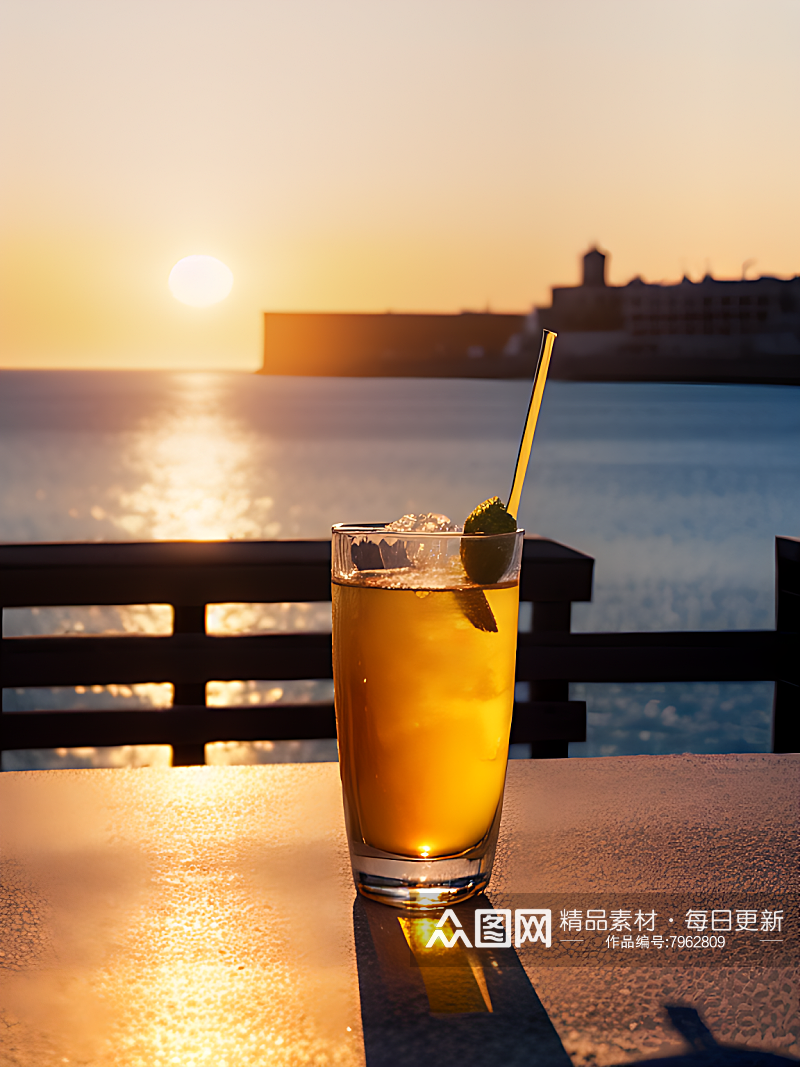 AI数字艺术摄影风海边夕阳下的饮料素材