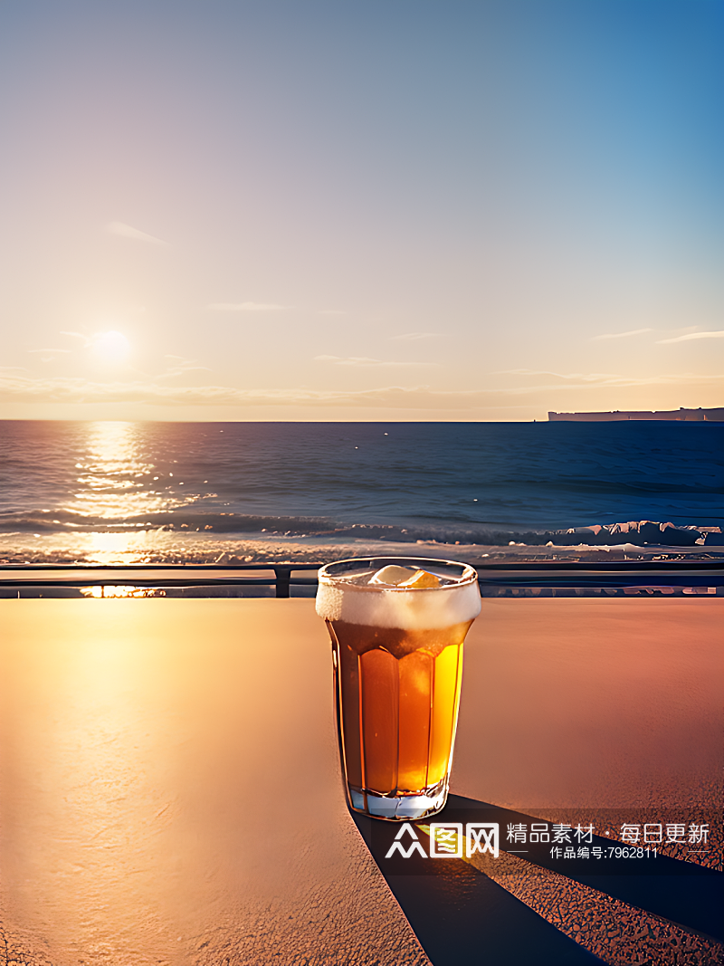 AI数字艺术摄影风海边夕阳下的饮料素材