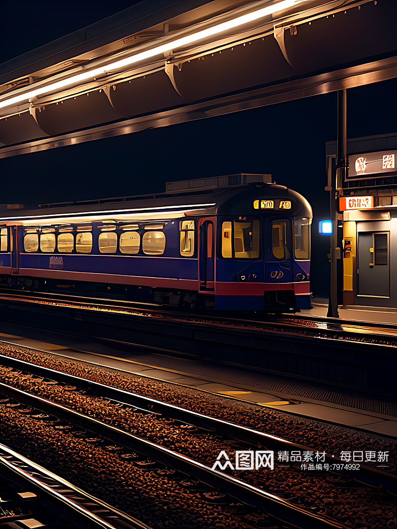 摄影风夜晚铁路轨道运输AI数字艺术素材