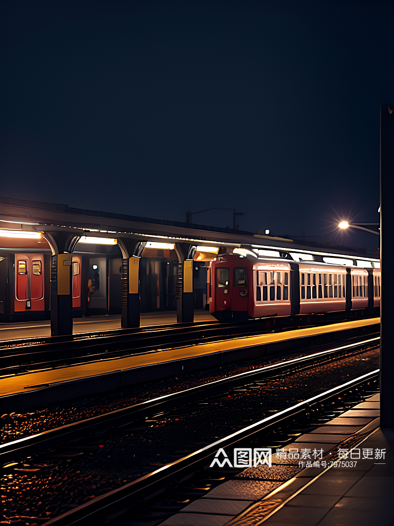 摄影风夜晚铁路轨道运输AI数字艺术素材