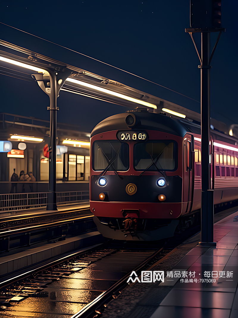 AI数字艺术摄影风夜晚铁路轨道运输素材