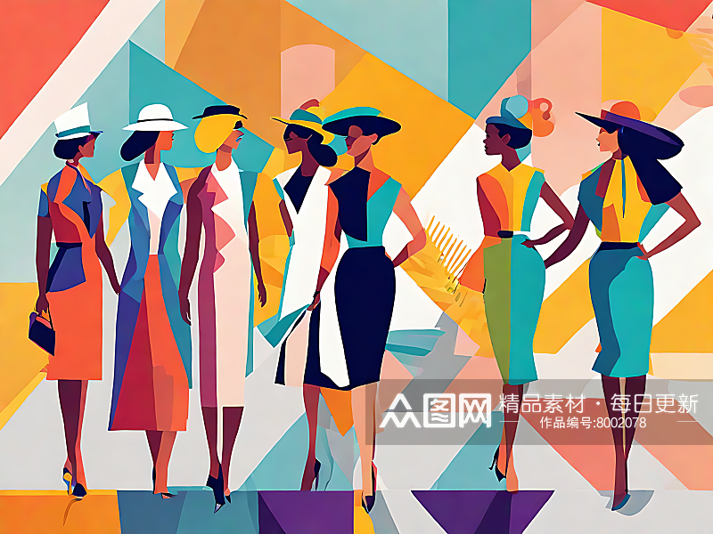 穿着时尚的女士彩色色块插画AI数字艺术素材