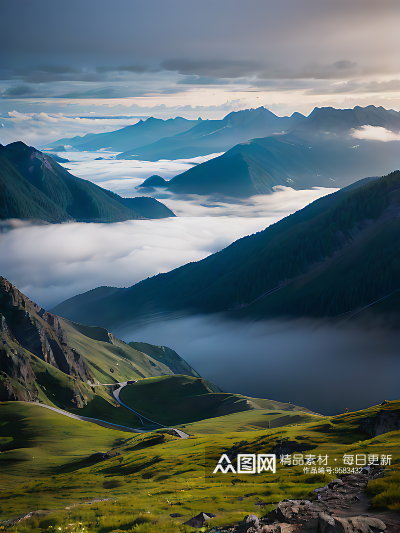 写实风云雾缭绕的山峦AI数字艺术素材