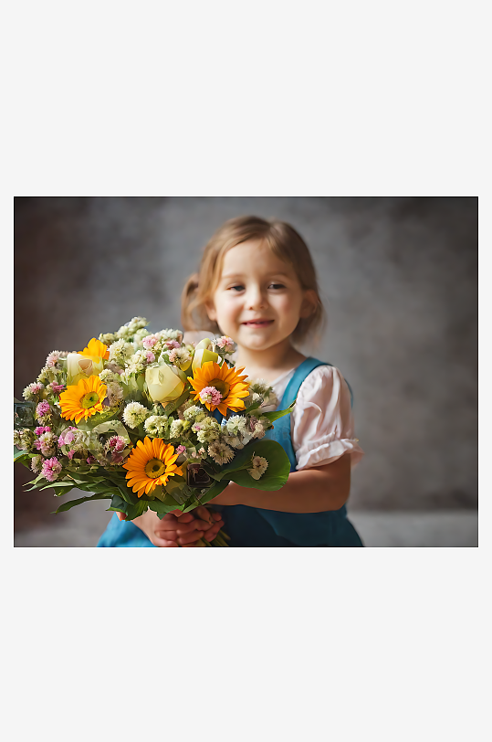 摄影风手捧鲜花的小女孩AI数字艺术