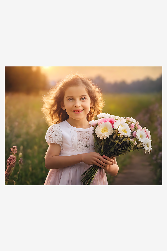 摄影风手捧鲜花的小女孩AI数字艺术
