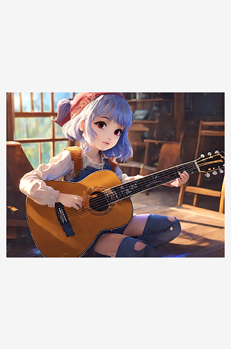 动漫风弹吉他的女孩AI数字艺术