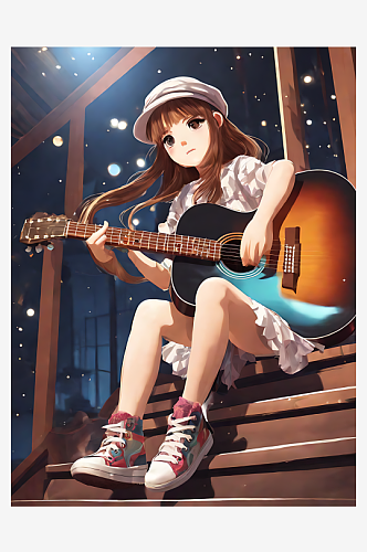 动漫风弹吉他的女孩AI数字艺术