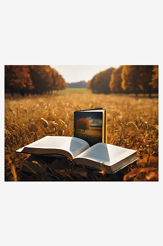 摄影风秋天草地上的书AI数字艺术