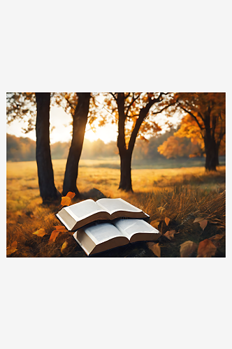 摄影风秋天草地上的书AI数字艺术