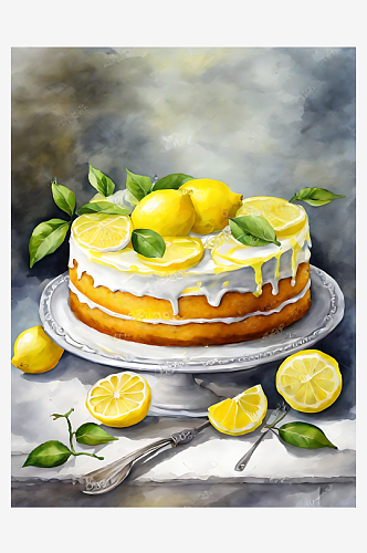 水彩手绘柠檬蛋糕AI数字艺术
